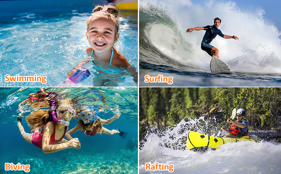 Text reads 'underwater shooting', 'flash'. Collage of underwater photography scenes showing swimmers and divers with camera equipment.