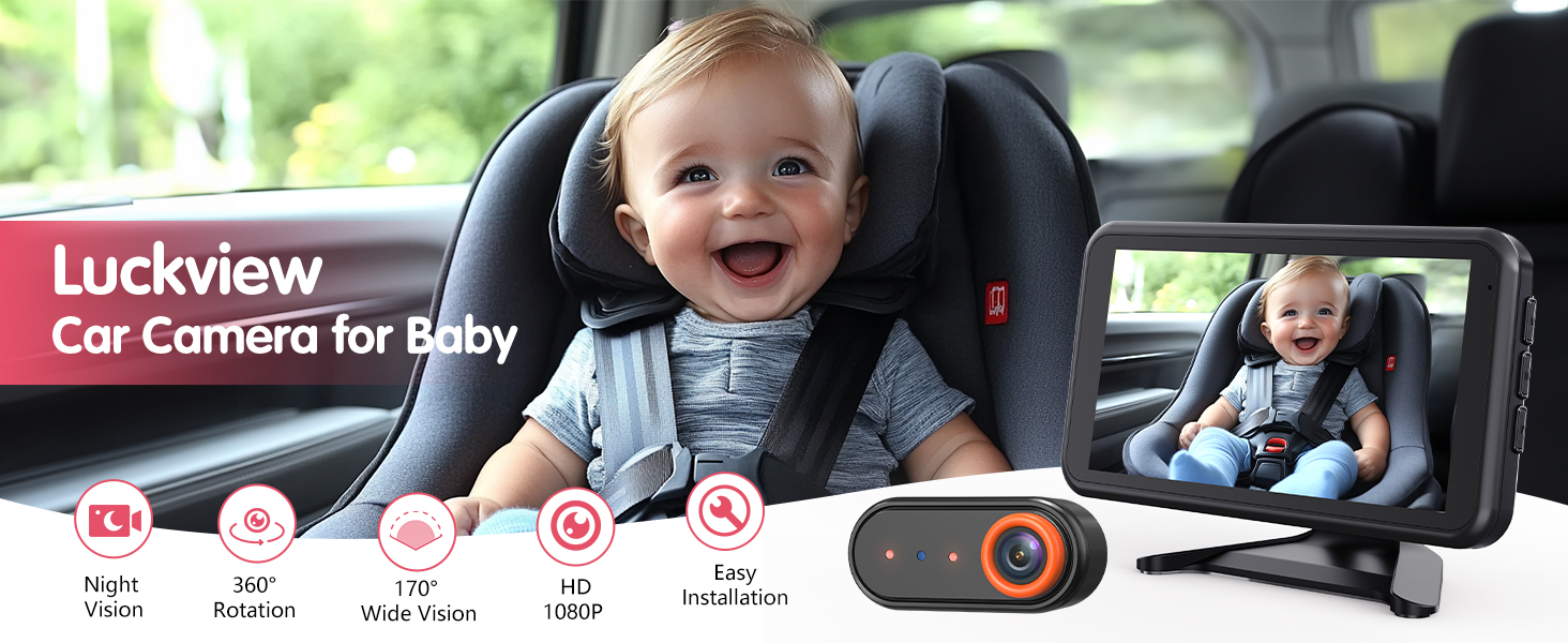 Car dashboard camera product display showing 'Luckview' brand name with feature icons for car monitoring and recording capabilities.