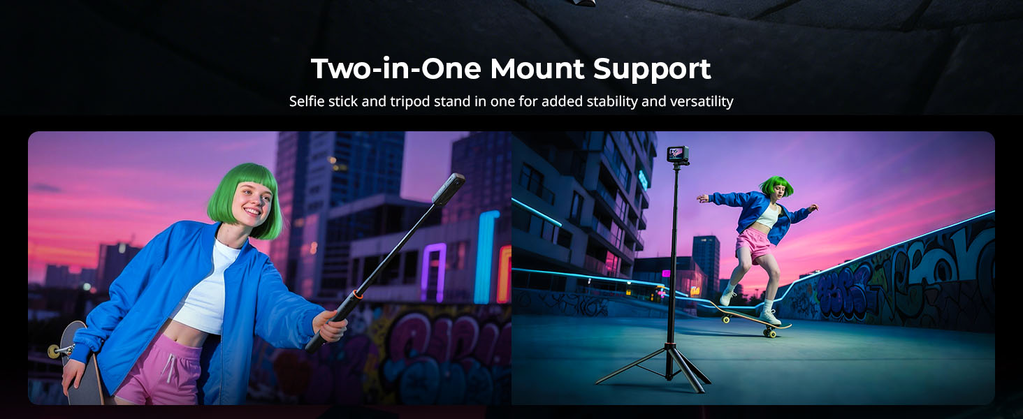 Camera mount product advertisement showing two action photography scenes at night with skateboarders against urban backdrop.