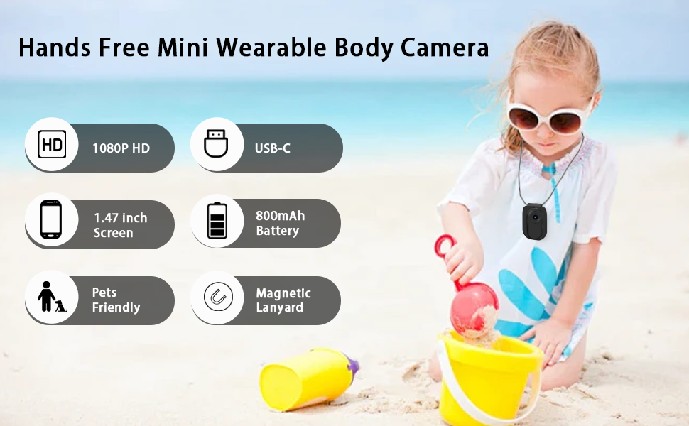 Text reads 'Hands Free Mini Wearable Body Camera'. Product marketing image showing multiple views of a small wearable camera with icons indicating features like battery life and recording capabilities.