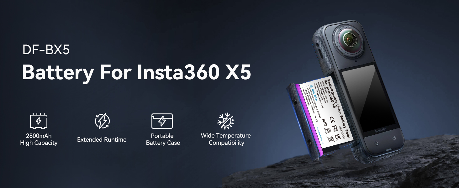 Text reads 'DF-B05 Battery For Insta360 X5'. Marketing image shows camera battery against dark rocky background with icon indicators for battery features.