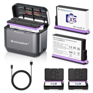 COOLSHOW 360 X5 Battery 2800mAh 2 Packs with Protection Case and Fast X5 Charger Hub Battery Storage Box Design Compatible with Insta360 X5 Camera