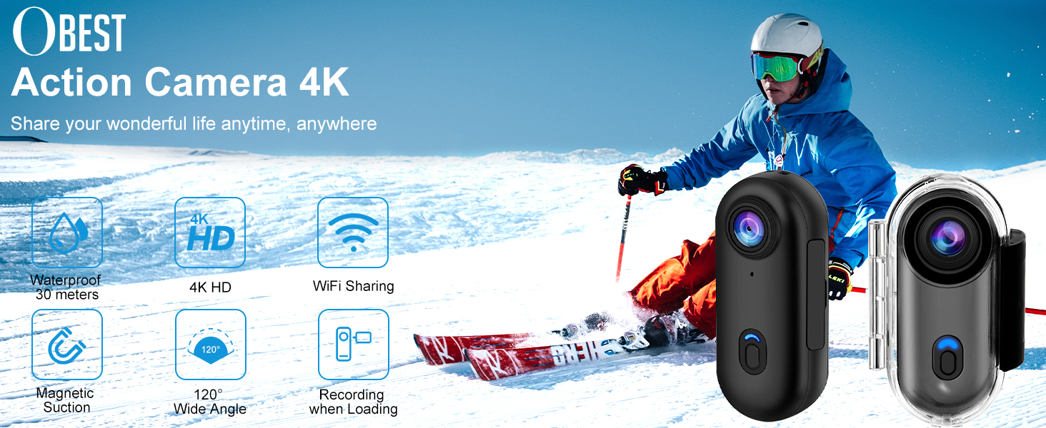 Text reads '4K Action Camera 4K'. Marketing image showing action camera product features with blue technological interface graphics and winter sports scene.