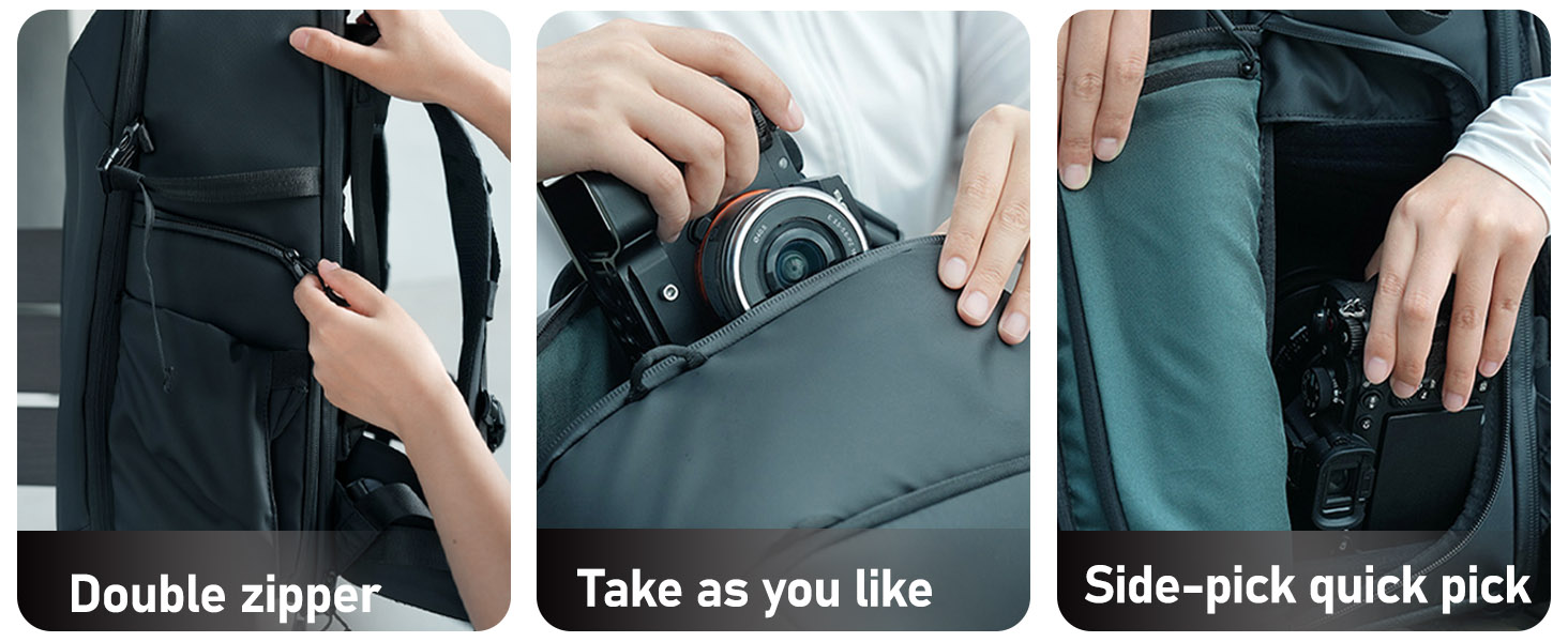 Text reads 'Double zipper', 'Take as you use', 'Side-pick quick pick'. Multiple photos demonstrating features of a dark-colored bag with various compartment access points.
