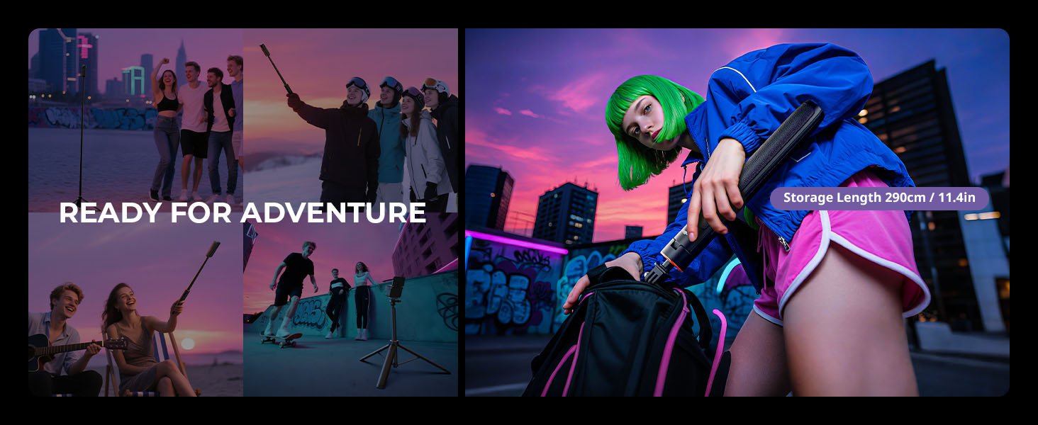 Split promotional image showing silhouetted figures against sunset and colorful nighttime scene with neon lighting and cycling activity.