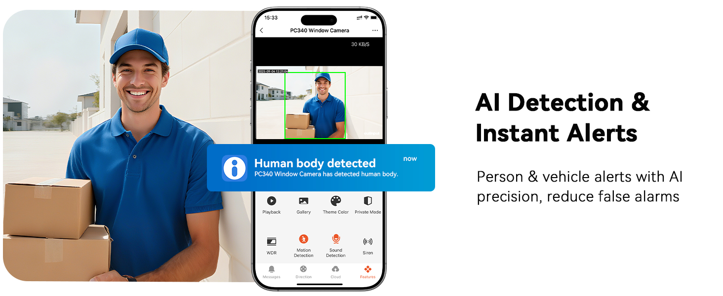 Text reads 'AI Detection' and 'Instant Alerts'. Mobile app interface screenshots showing delivery tracking system with notification features.