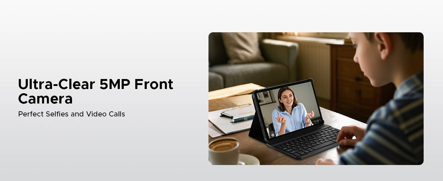 Laptop displaying video call interface with 5MP front camera specifications for clear virtual communication.