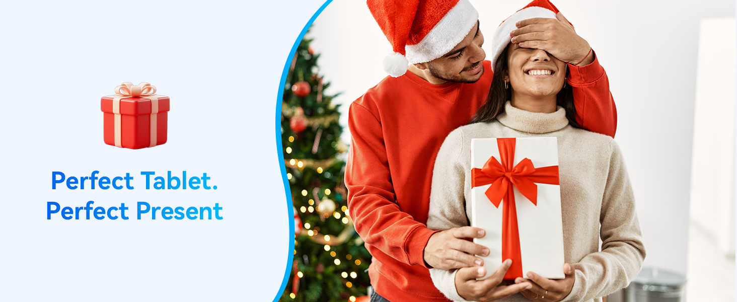 Text reads 'Perfect Tablet. Perfect Present.' Holiday-themed image showing someone holding a white gift box with red bow against Christmas tree background.