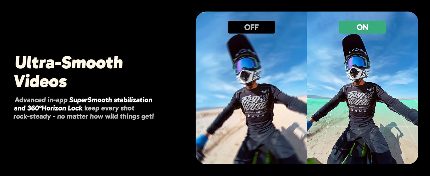 Text reads 'Ultra-Smooth Videos'. Side-by-side comparison of video stabilization, showing action footage with 'OFF' and 'ON' states against blue sky background.