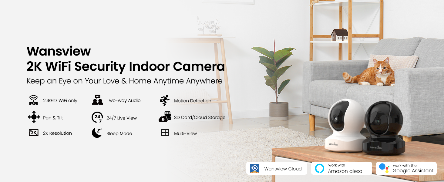 Wansview 2K WiFi security indoor camera with features like 2K resolution, night vision, motion detection, two-way audio, and smart home compatibility shown in a living room setting.