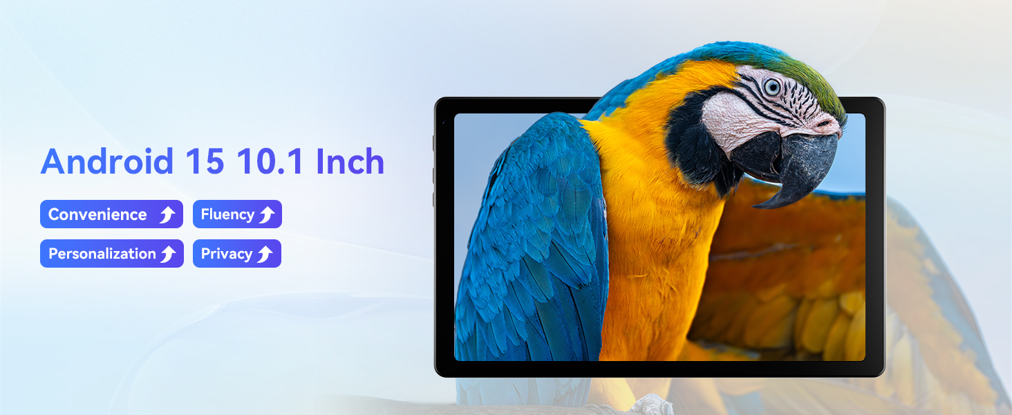 Text reads 'Android 13 10.1 inch'. Product showcase of tablet device displaying vibrant blue and yellow macaw image. Multiple interface elements visible.