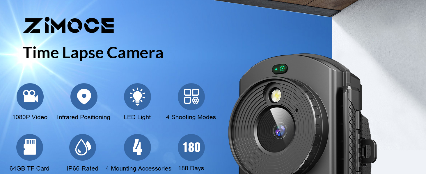 Zimoce time lapse camera interface showing multiple function icons including video recording, location tracking, lighting, and rotation controls.