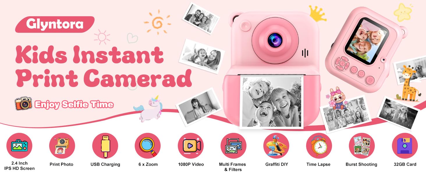 Text reads 'Kids Instant Print Cameras'. Product display showing multiple pink-themed children's instant cameras with various icons indicating features and functions.