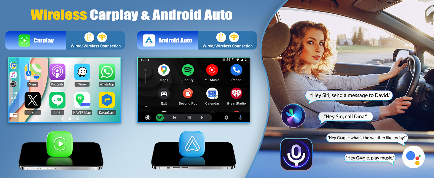 Composite image showcasing wireless Carplay and Android Auto features. Displays app icons, car infotainment interface, and driver using voice commands while driving.