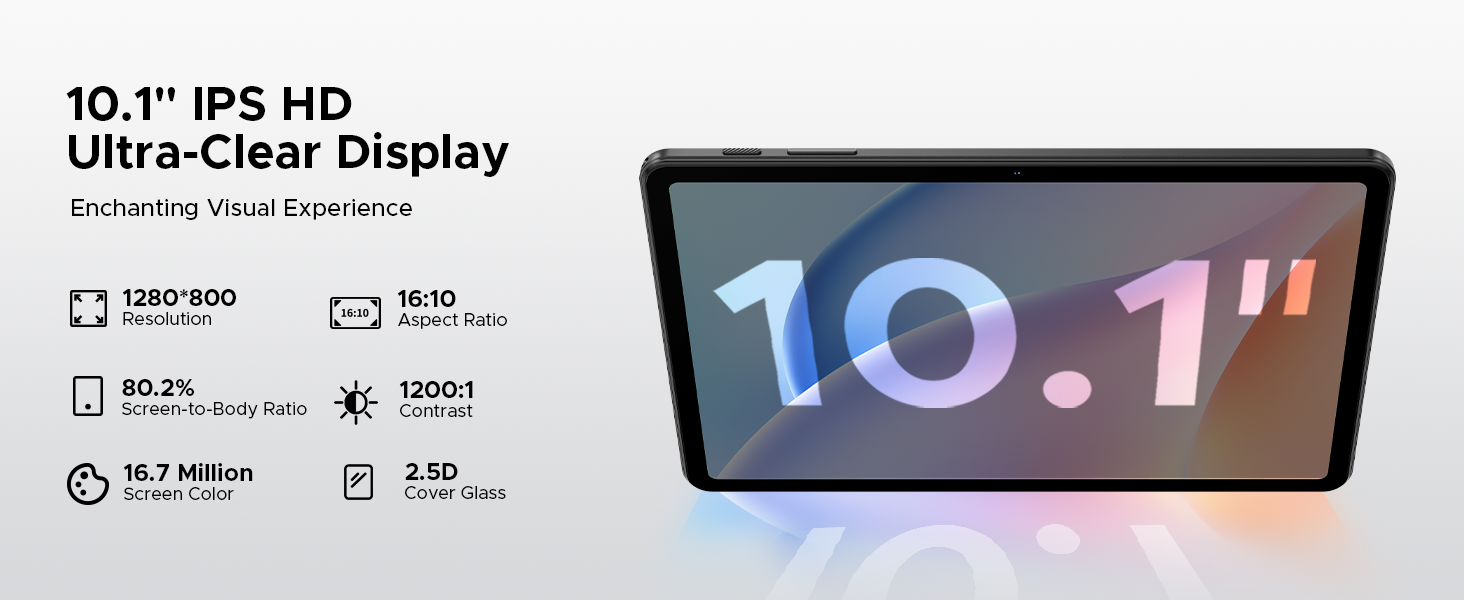 10.1-inch tablet display with specifications showing 1280x800 resolution, 16:10 aspect ratio, and IPS HD Ultra-Clear screen technology.