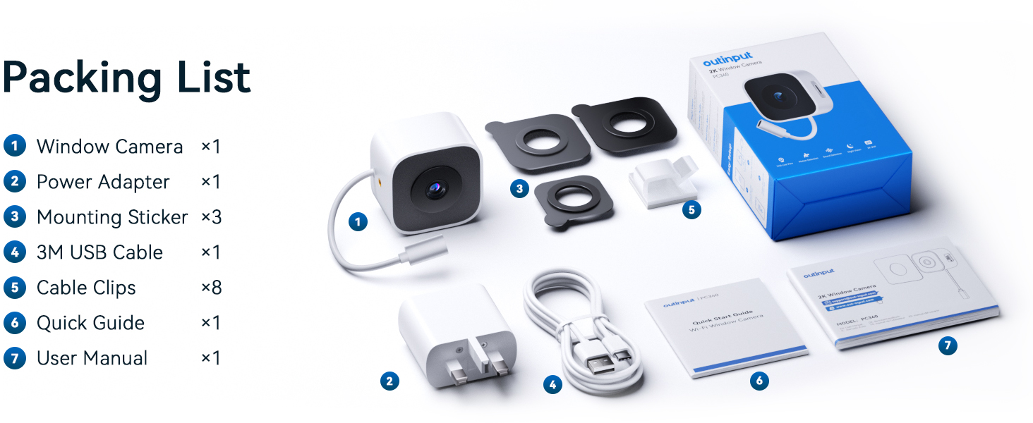 Text reads 'Packing List' showing product accessories diagram with items labeled: 'Power Adapter', 'Mounting Screw', '3M USB Cable', 'Cable Clip', 'User Manual'.