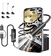 Endoscope camera with LED light, flexible cable, and smartphone adapter. Includes multiple attachment options and USB connectors. Device shown connected to a smartphone displaying water image.