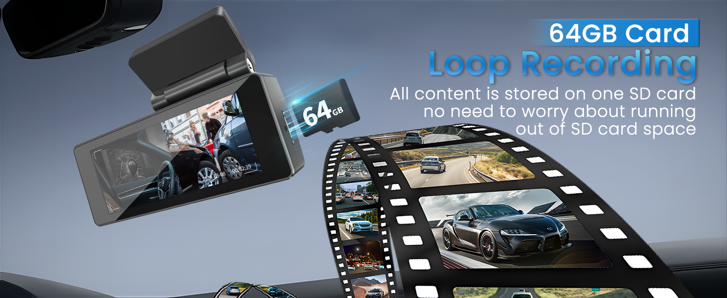 Dash Cam Front and Rear Loop Recording, 64GB Card