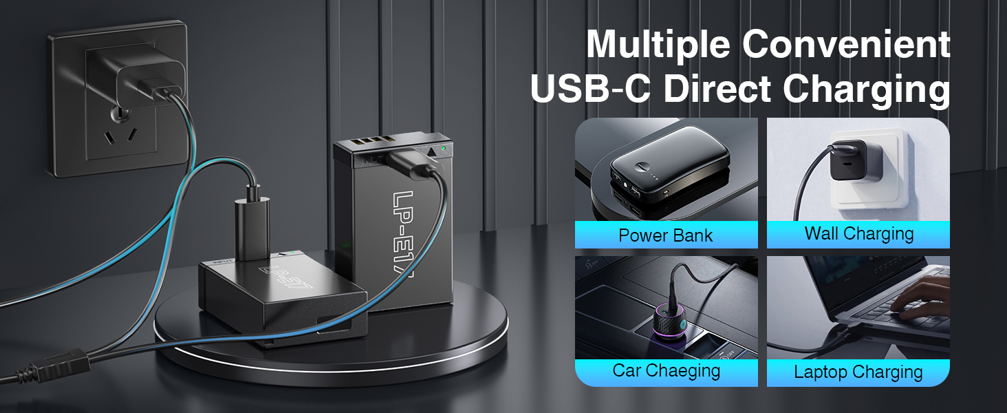 Text reads 'Multiple Convenient USB-C Direct Charging'. Series of images showing a black electronic charging device with USB-C ports and charging functionality.