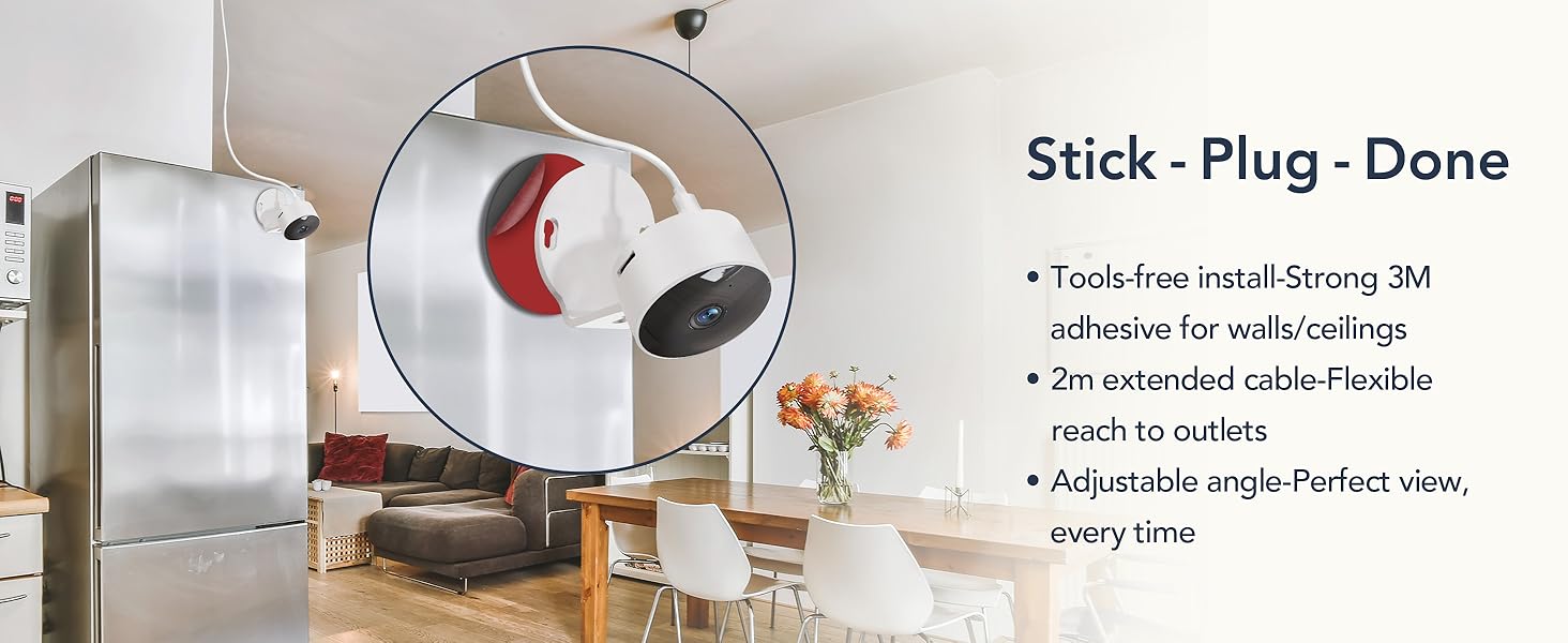 Text reads 'Stick-Plug-Done'. Kitchen counter scene with mounted coffee maker and text overlay showing simple installation instructions. Fresh flowers in vase visible to side.