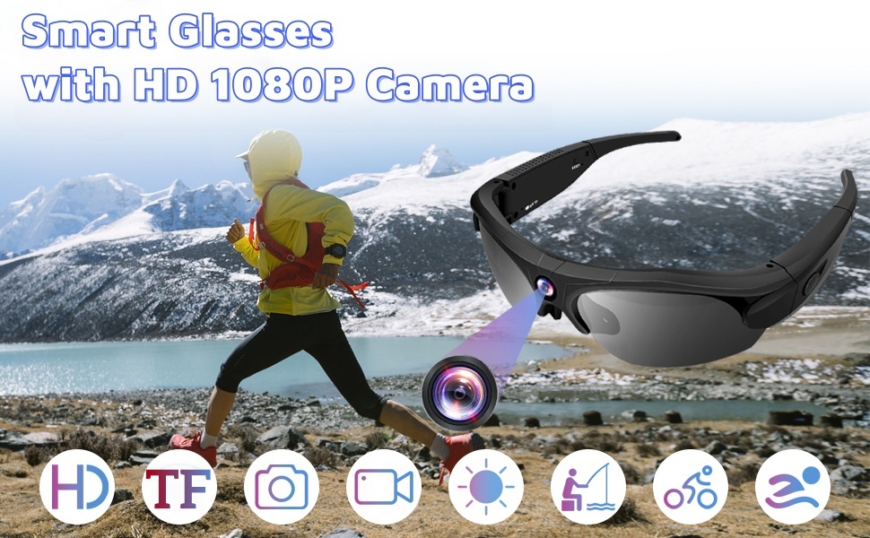 Text reads 'Smart Glasses with HD 1080P Camera'. Image shows person wearing sunglasses in mountain landscape. Icons display various feature symbols below.