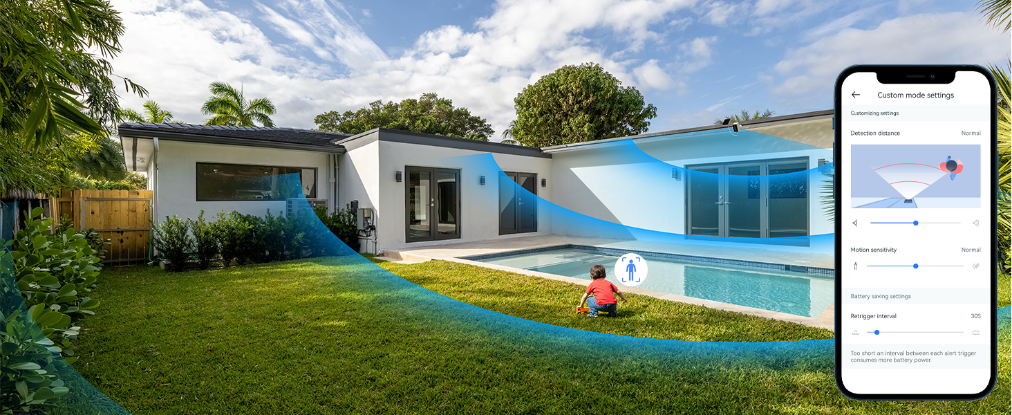 Split view showing backyard with swimming pool and blue-painted house exterior. Mobile phone screen displaying interface overlaid on right side of image.