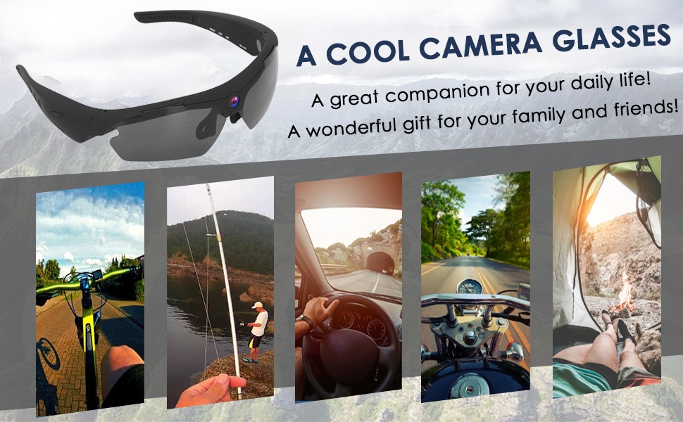 Text reads: 'A COOL CAMERA GLASSES' and 'A great companion for your daily life! A wonderful gift for your family and friends!' Sports sunglasses with five outdoor activity photos below.