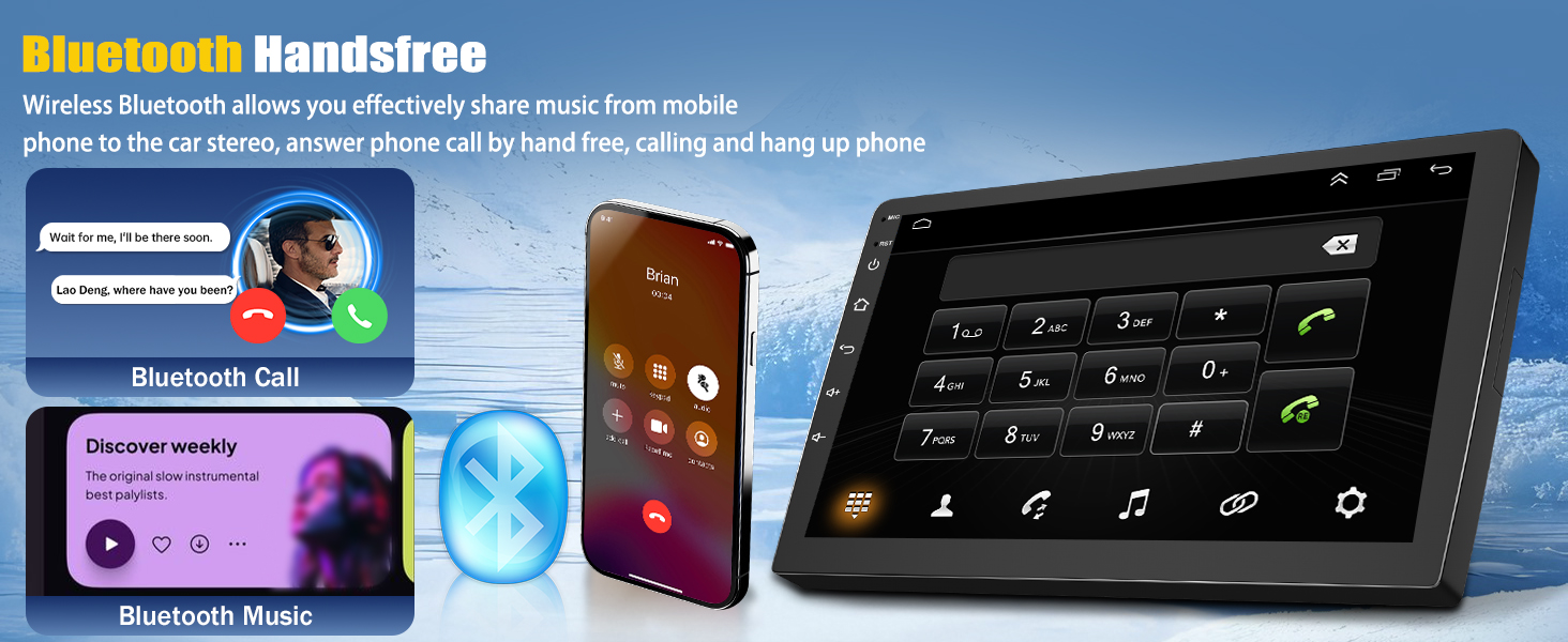 Bluetooth handsfree device advertisement showing smartphone and tablet interfaces for call management and music control. Features include wireless audio streaming and hands-free calling.