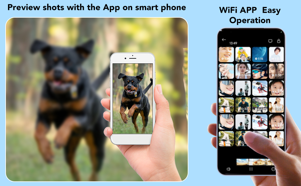 Text reads 'Thumb Body/Pets Camera'. Three views of white compact camera device with yellow display screen against blue background.