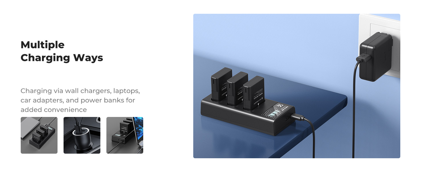 Black charging station or power bank with multiple connection options and ports, shown in various angles against blue background with product feature indicators.