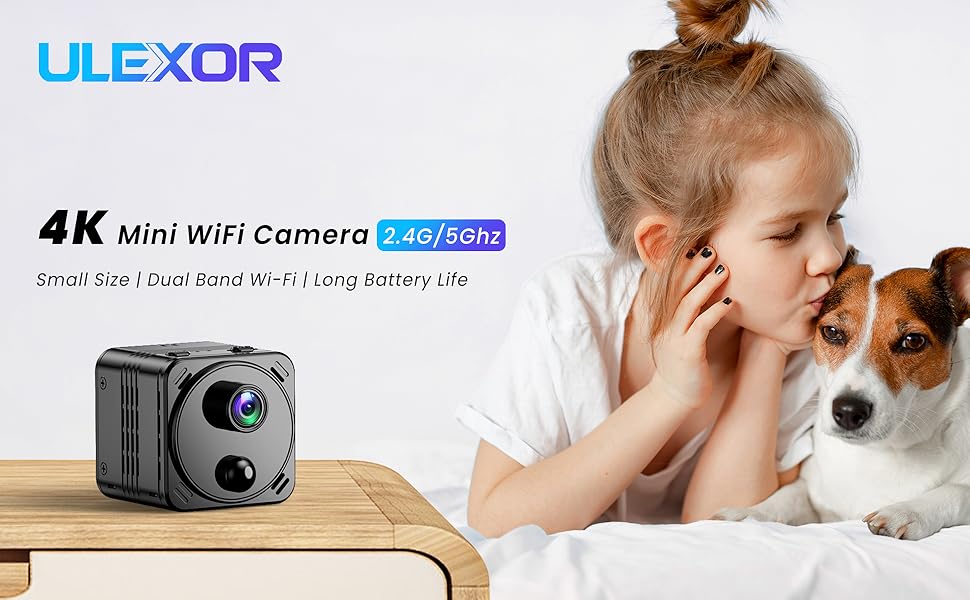 Text reads 'ULEXOR 4K Mini WiFi Camera'. Series of images showing a small compact camera being used to record pets and daily activities.