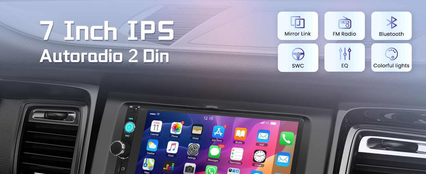Text reads '7 Inch IPS Autoradio 2 Din'. Car dashboard display showing smartphone-like interface with app icons and navigation menu.