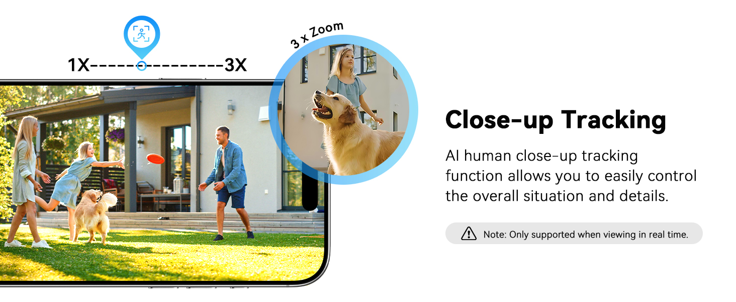 Text reads 'Close-up Tracking'. Illustration showing mobile device with tracking interface and animated character walking through different scenes.