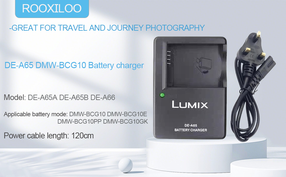 Text reads 'GREAT FOR TRAVEL AND JOURNEY PHOTOGRAPHY', 'Model DE-A65A DE-A65B DE-A66'. Shows Lumix camera battery charger with power cable, technical specifications displayed.