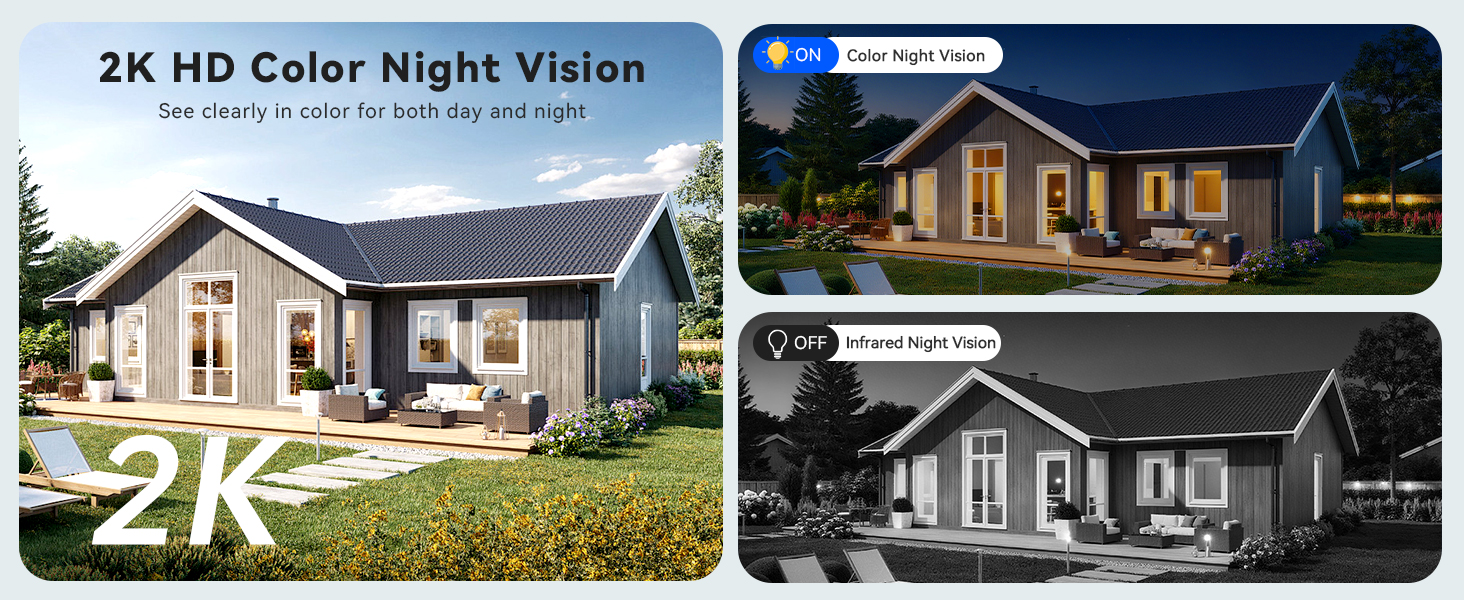Text reads '2K HD Color Night Vision'. Series of exterior house photos showing same building in different lighting conditions, demonstrating night vision camera capability.