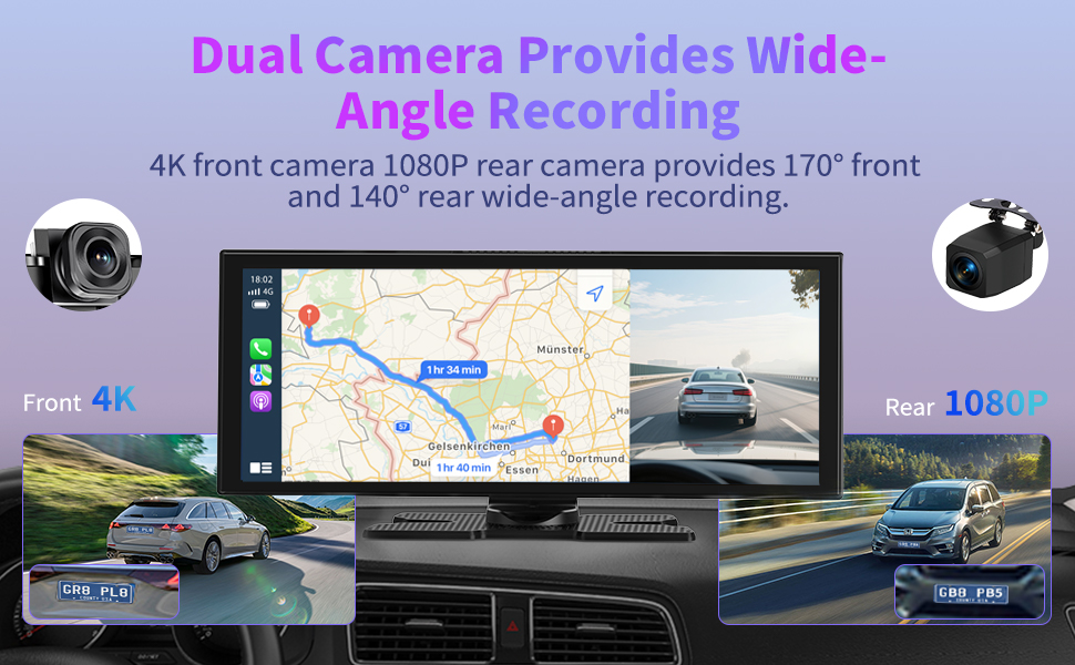 Text reads '4K UHD Front Camera'. Product demonstration showing dashboard camera features with multiple example footage shots and specifications.