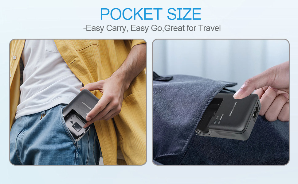 Text reads 'POCKET SIZE' and 'Easy Carry, Easy Go Travel'. Multiple images showing a slim device being placed in and removed from pants pockets.