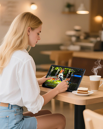 Person using tablet device with attached keyboard in classroom setting, viewing digital content on screen.