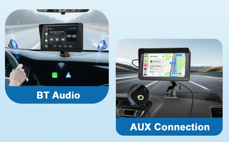 Text reads '4 Sound Output Modes', 'Built-in Speakers', 'Transmission FM'. Series of product interface screens showing audio output options and controls.