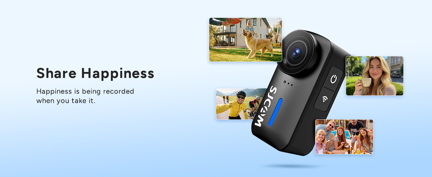 Text reads 'Image 4' and 'Share Happiness'. Marketing banner showing a camera lens with small photo thumbnails floating around it against a light blue background.