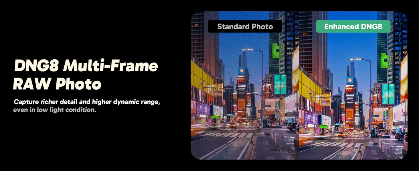 Text reads 'DNGX Multi-Frame RAW Photo'. Two cityscapes shown - nighttime urban scene with bright neon lights and buildings