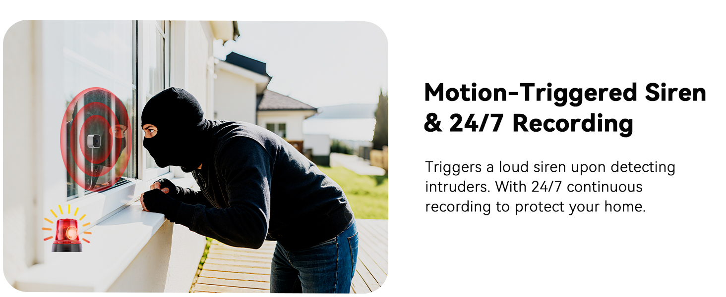 Text reads 'Motion-Triggered Siren & 24/7 Recording'. Multi-panel advertisement showing security camera features with motion detection and recording capabilities.