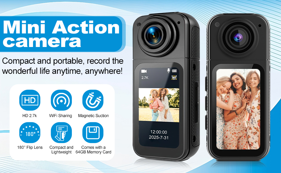 Text reads 'Mini Action camera' and 'Compact and portable, record the wonderful life anytime, anywhere!' Product shows two black compact cameras with screens and lenses against blue background.