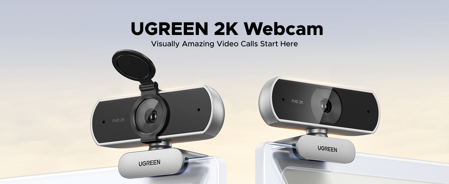 UGREEN 2K Webcam product lineup showing multiple angles of black webcam models with different mounting options.