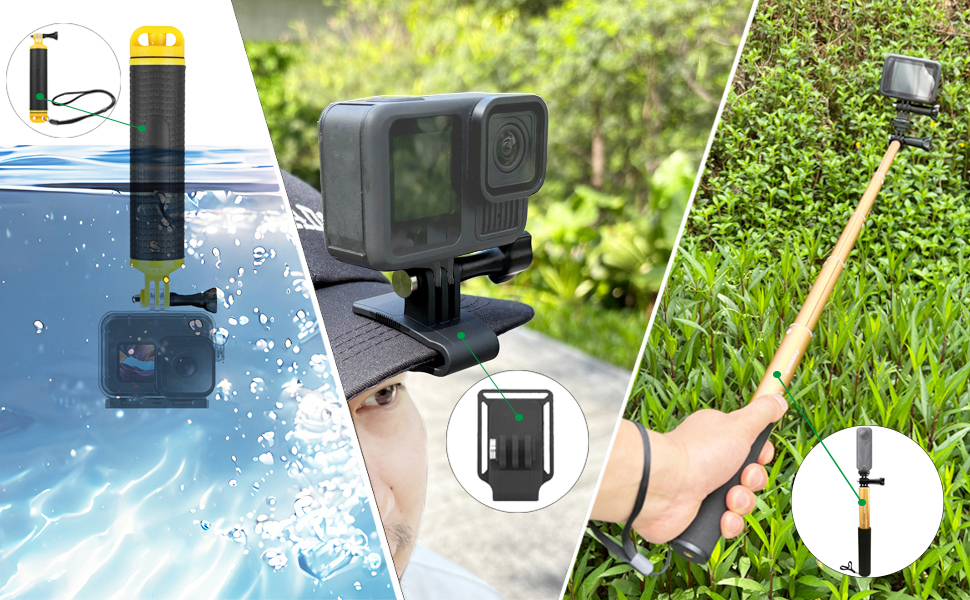 Action camera mounting accessories including helmet mount, chest mount, and various angle adjustable clamps for capturing different perspectives during activities.