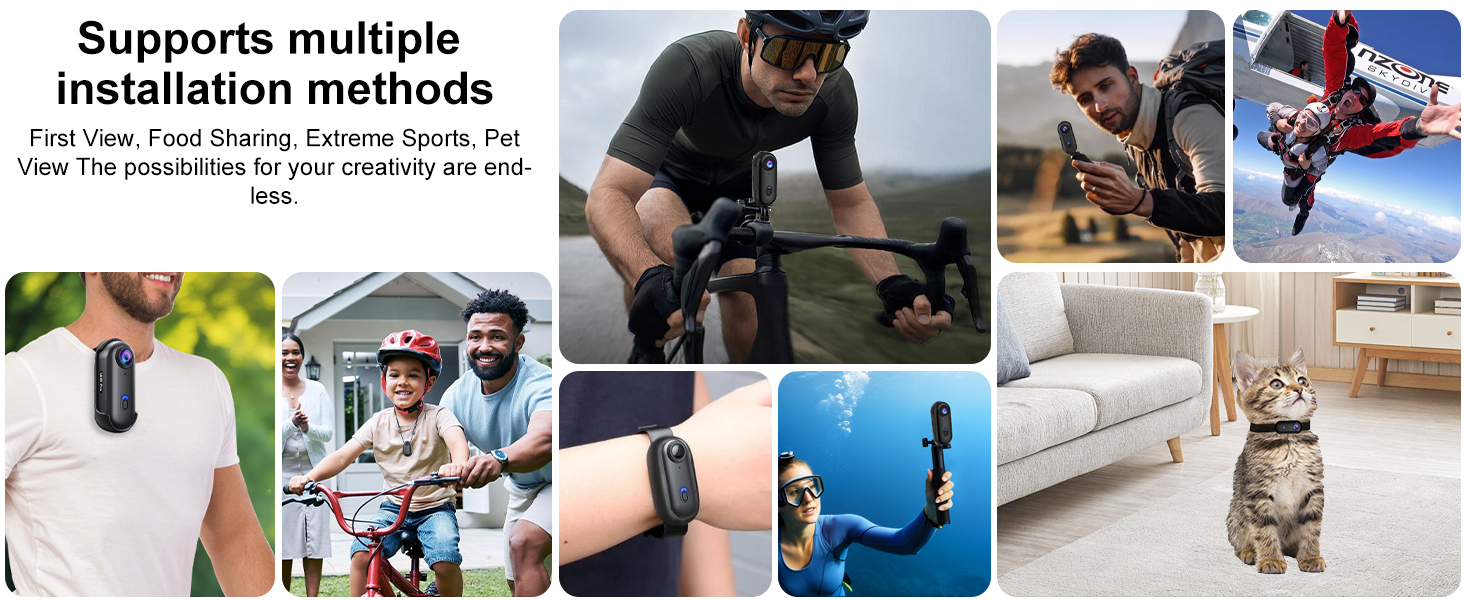 Composite image showing four usage scenarios and four product views of a small wearable device. Product appears to be a compact, black electronic device with multiple attachment options.