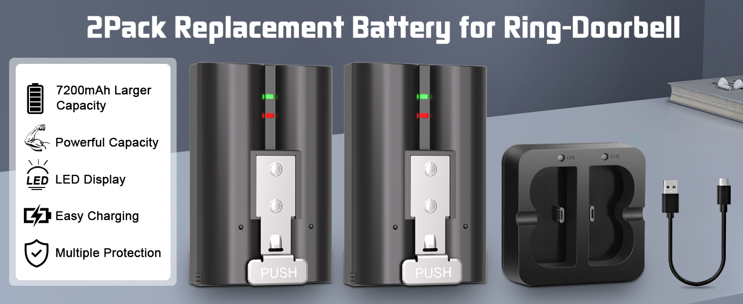 Two-pack replacement doorbell batteries with LED display and charging capabilities. Product packaging shows technical specifications and charging indicators.