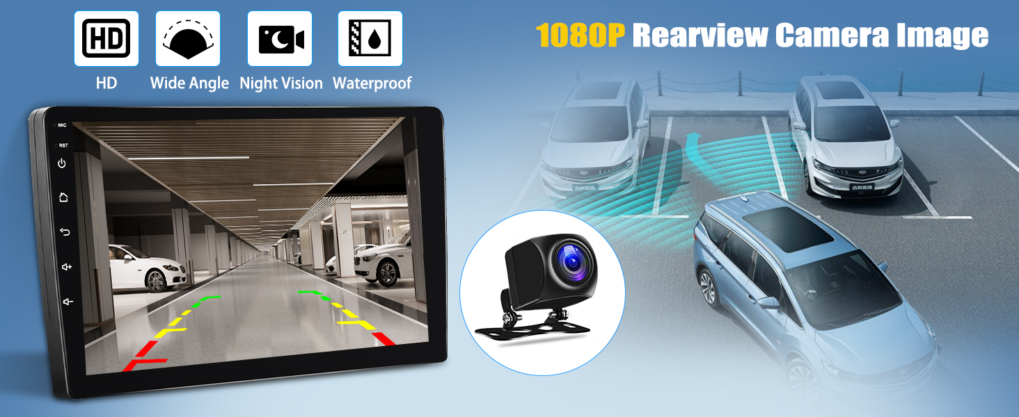 Car rearview camera system with 1080P HD display. Shows parking garage view on large screen and small external camera. Icons indicate wide-angle, night vision, and waterproof features.