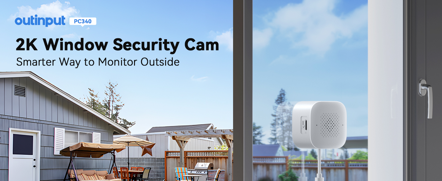 Text reads: '2K Window Security Cam' and 'Smarter Way to Monitor Outside'. Product marketing images showing outdoor security camera installation.