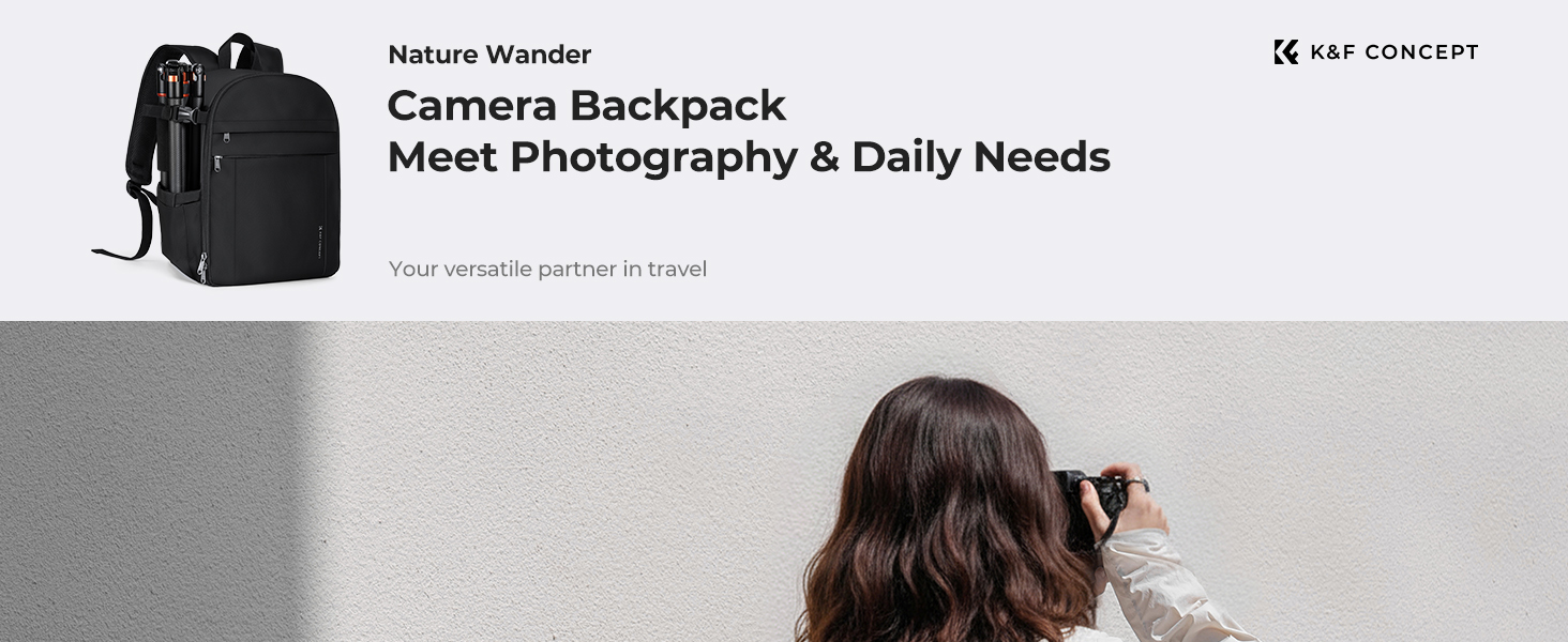 Text reads 'Camera Backpack' and 'MENS Photography & Daily Needs'. Product image shows a black professional camera backpack with multiple compartments and padding.